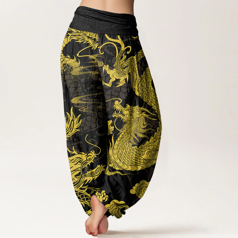 Buddha Stones Dragon Auspicious Clouds Women's Elastic Waist Harem Pants
