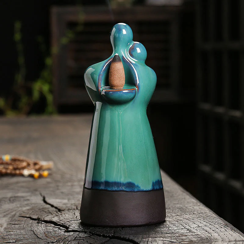 Buddha Stones Lovers Couple Embrace Love Ceramic Backflow Smoke Fountain Healing Incense Burner Decoration