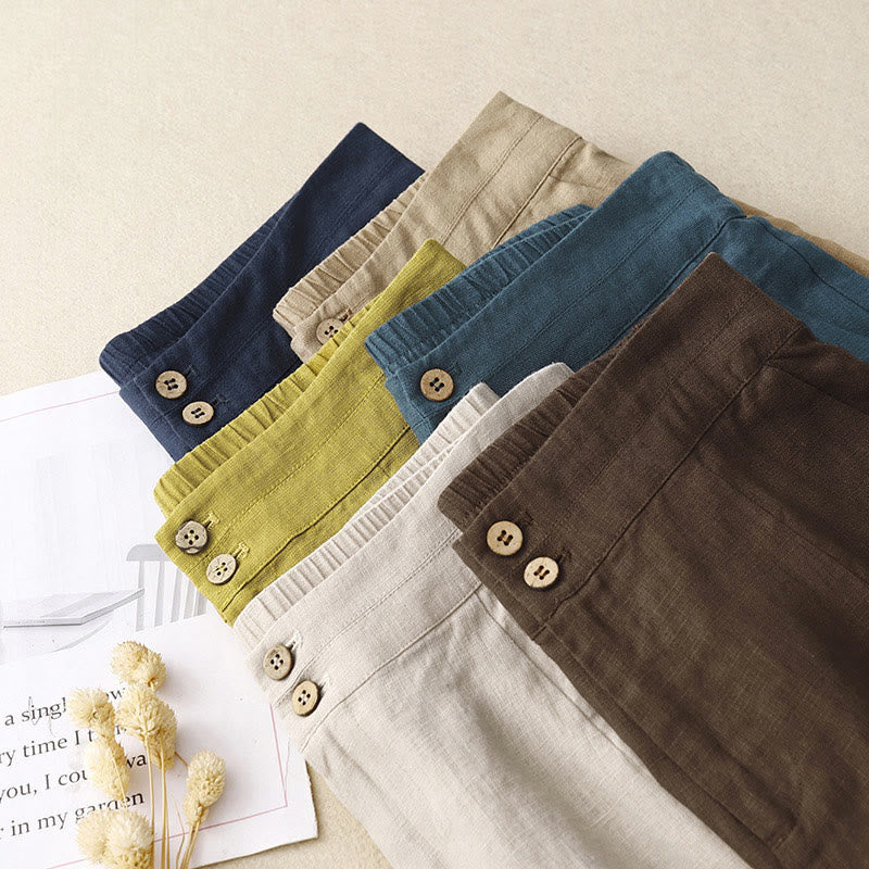 Buddha Stones Summer Casual Simple Design Linen Women's Wide Leg Pants With Zipper Pockets