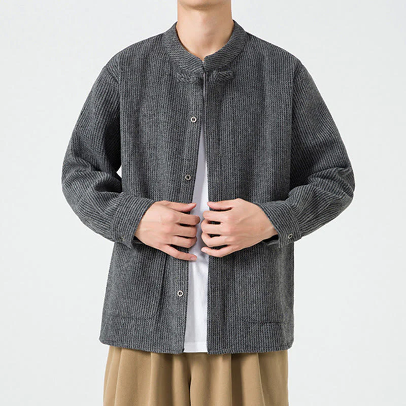 Buddha Stones Long Sleeve Frog-button Design Men's Cotton Jacket Shirt With Pockets