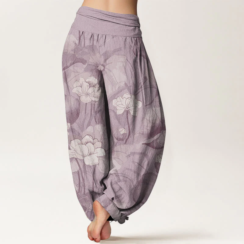 Buddha Stones Pure Cotton Lotus Design Women's Elastic Waist Harem Pants