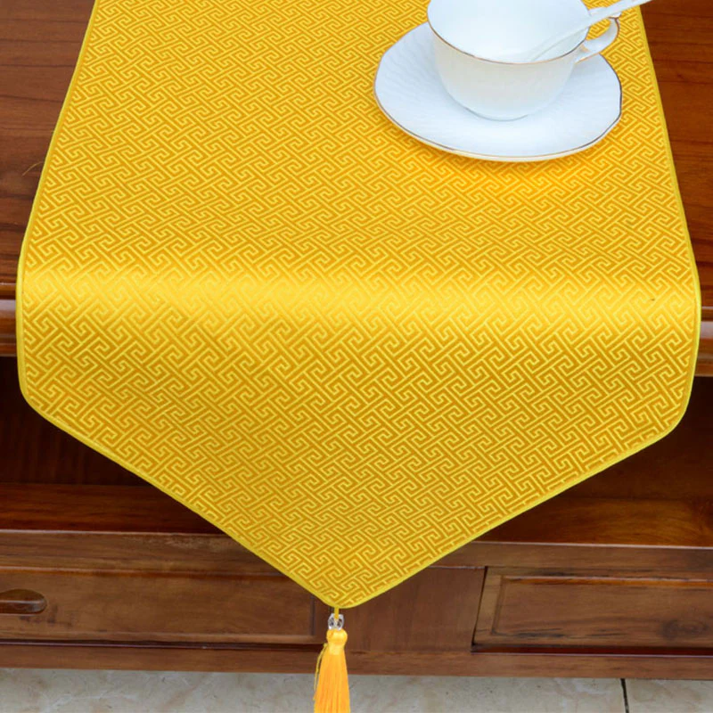 Buddha Stones Prayer Altar Flower Vajra Dragon Pattern Tibetan Auspicious Symbols Tassels Jacquard Table Runner