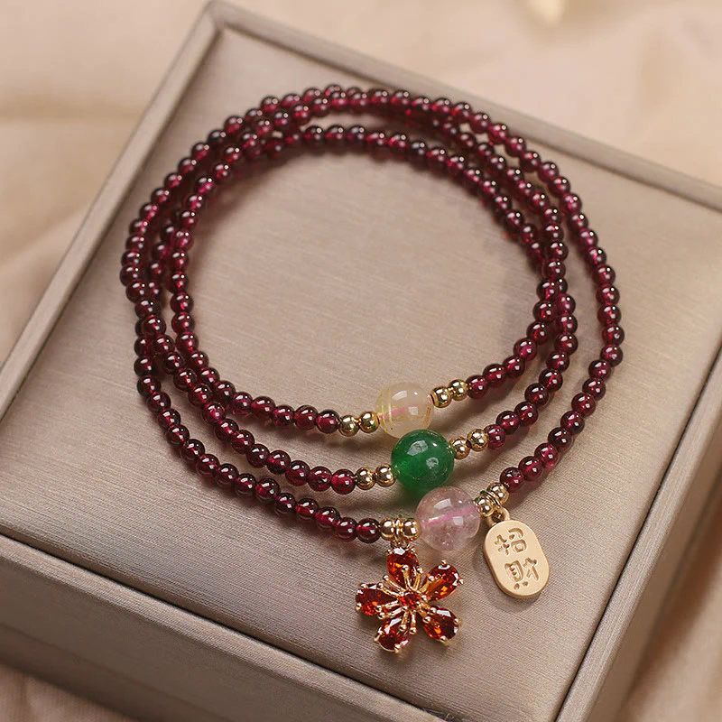 Buddha Stones Natural 3mm Ultra-thin Garnet Beads Cherry Blossom Flower Attract Fortune Protection Multilayer Bracelet