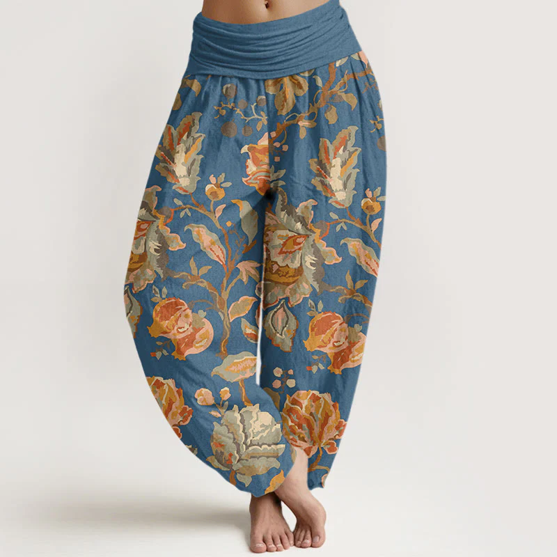 Buddha Stones Casual Blooming Flowers Buds Design Women's Elastic Waist Harem Pants