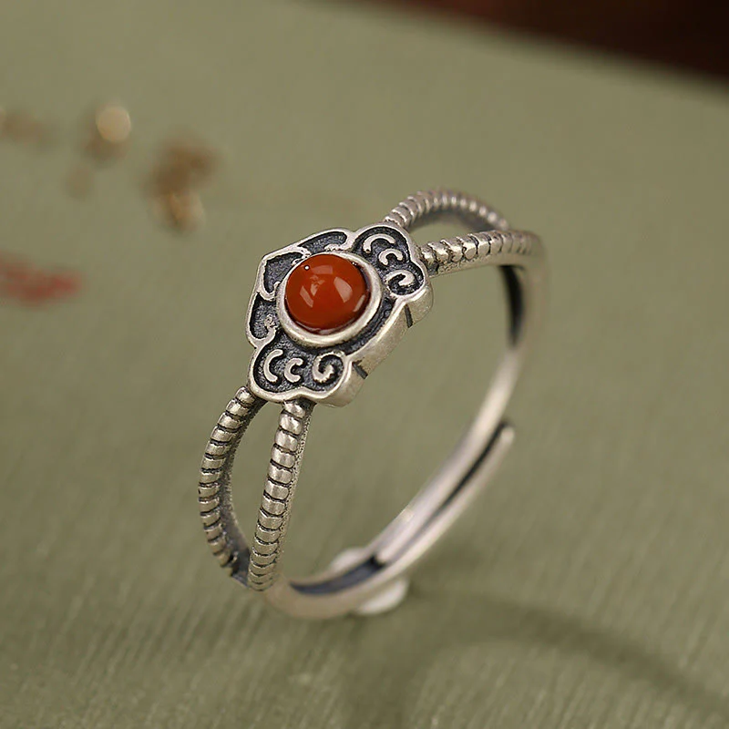 Buddha Stones 925 Sterling Silver Red Agate Bead Logical Thinking Ring