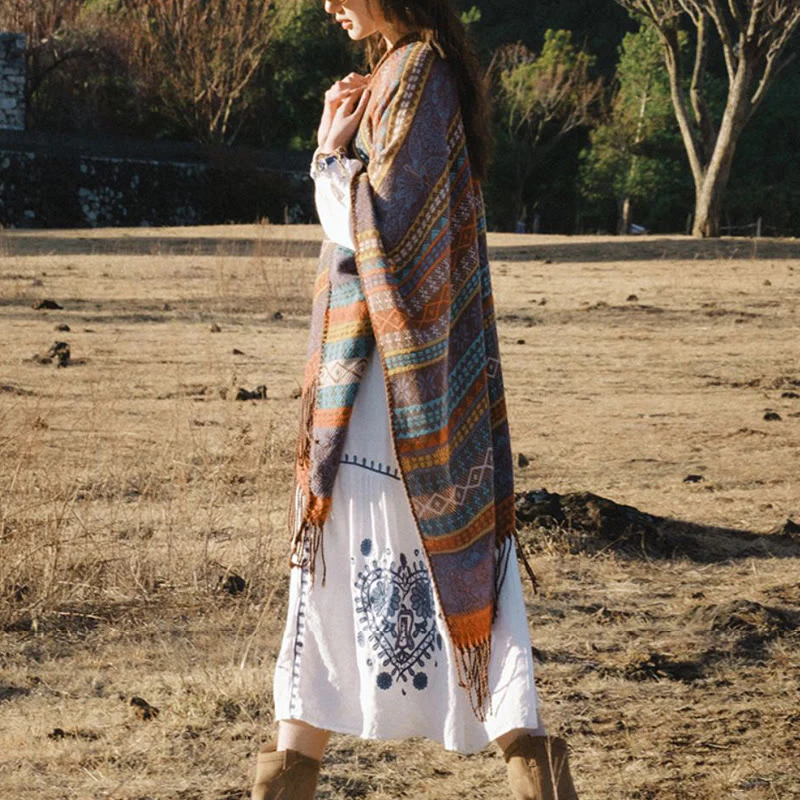 Buddha Stones Tibetan Geometric Horizontal Stripe Flower Leaf Tassels Shawl Fall Winter Cozy Scarf Wrap