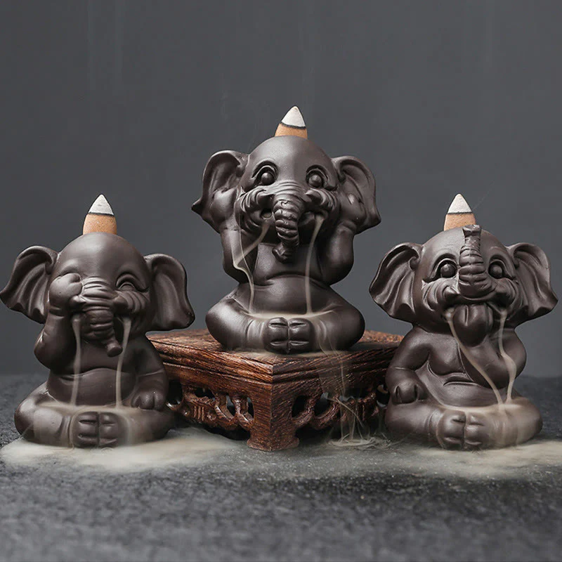 Buddha Stones Cute Elephant Purple Clay Backflow Smoke Fountain Peace Healing Incense Burner Decoration