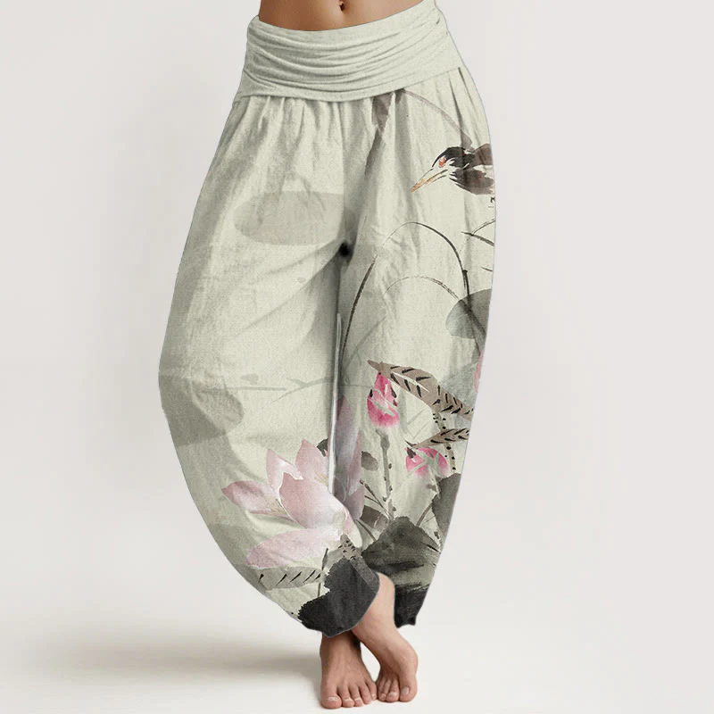 Buddha Stones Pure Cotton Pink Lotus Leaves Bird Pattern Women's Elastic Waist Harem Pants