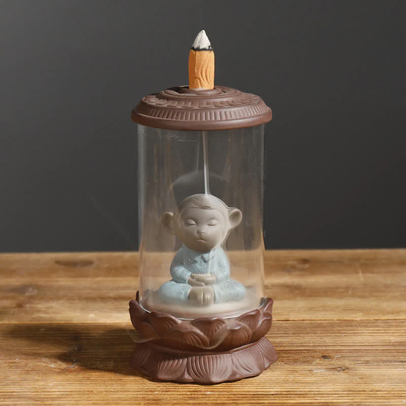 Buddha Stones Meditation Wukong Monkey King Purple Clay Windshield Lotus Backflow Smoke Fountain Incense Burner Decoration