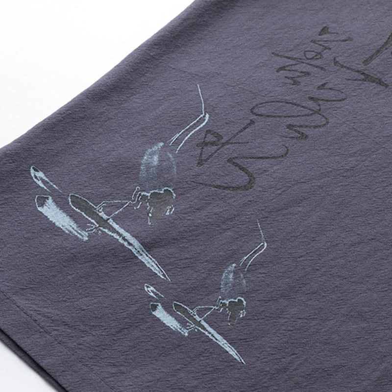 Buddha Stones 2Pcs Chinese Characters Crane Cotton Shirt Pants With Pockets Men's Meditation Cloth Set