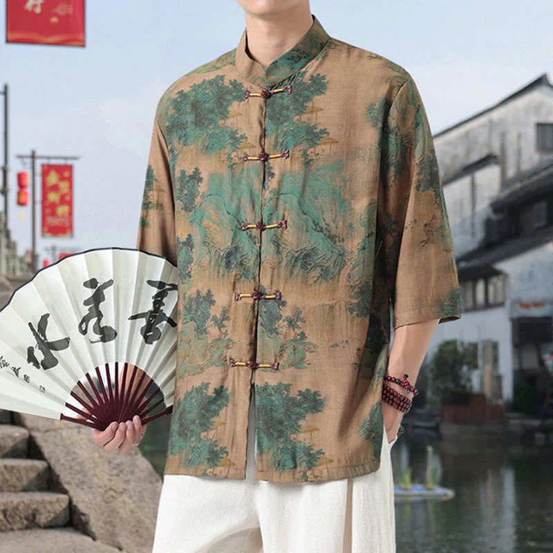 Buddha Stones Dragon Auspicious Clouds Green Mountains Chinese Frog-Button Men's Half Sleeve Cotton Linen Shirt