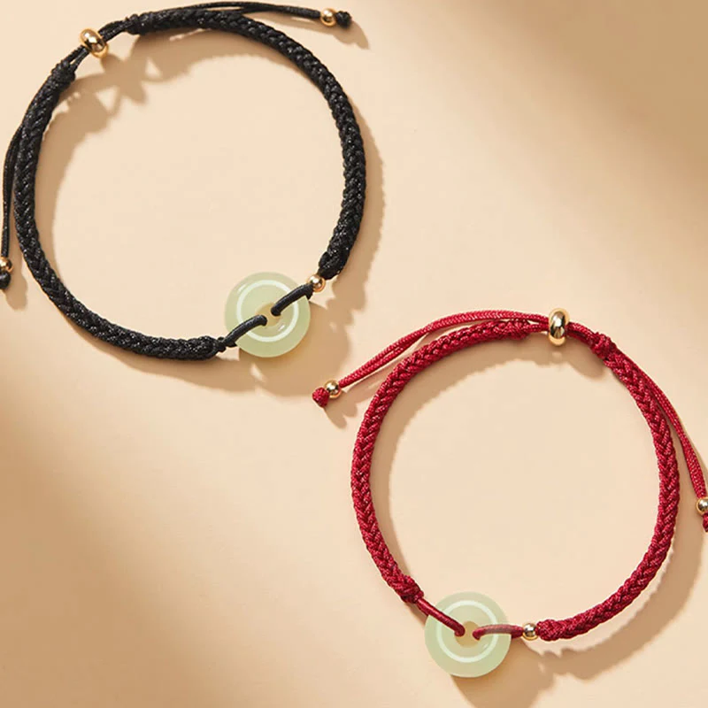 Buddha Stones Natural Hetian Jade Peace Buckle Fu Character Protection Luck Braided Bracelet