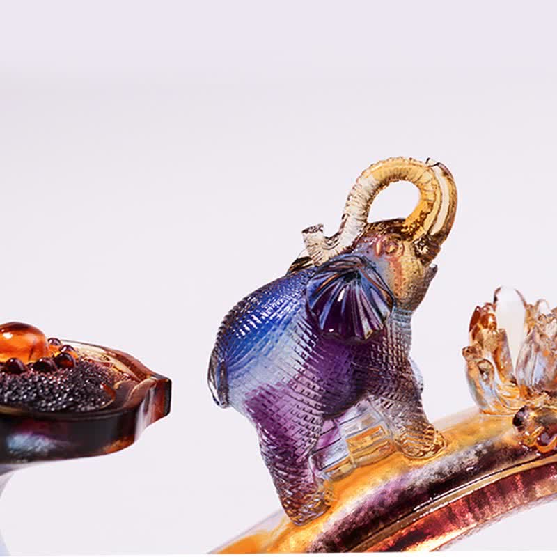 Buddha Stones Handmade Liuli Crystal Ruyi Elephant Art Piece Home Decoration With Crystal Base