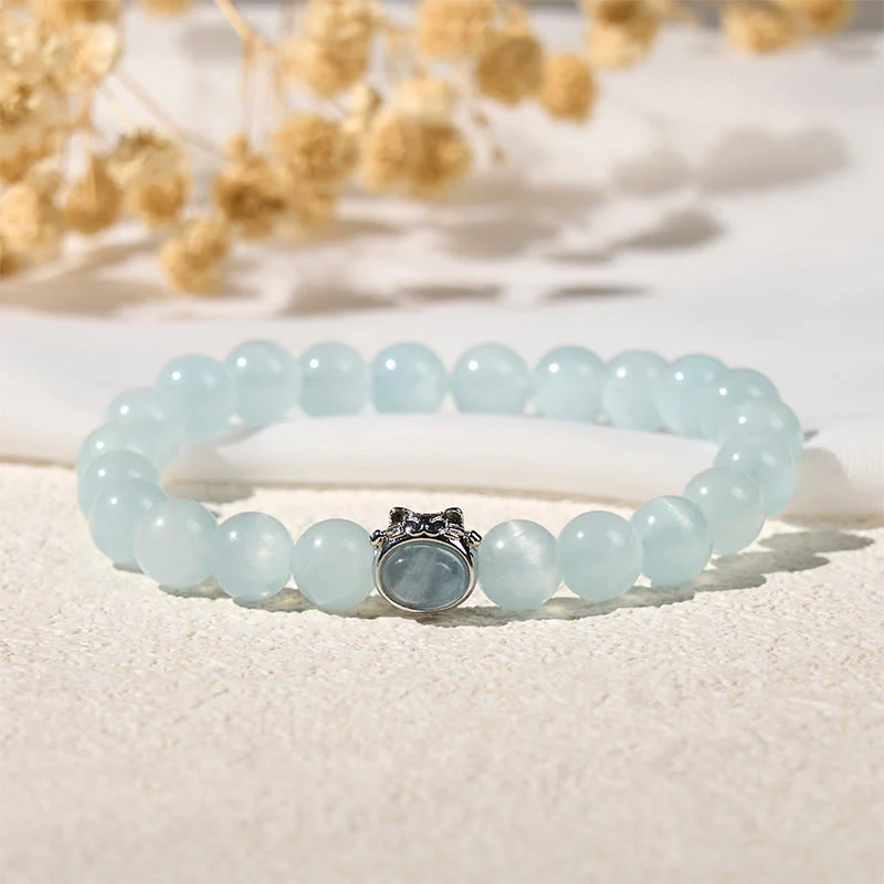 Buddha Stones Natural Aquamarine Lucky Cat Peace Bracelet