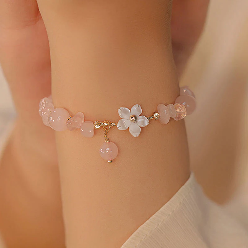 Buddha Stones 14k Gold Plated Natural Pink Crystal Flower Love Bracelet