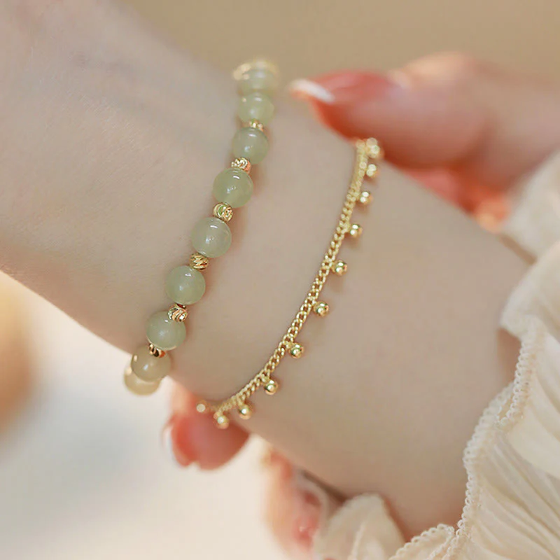 Buddha Stones 14K Gold Plated 2 Layers Hetian Jade Bead Luck Prosperity Bracelet