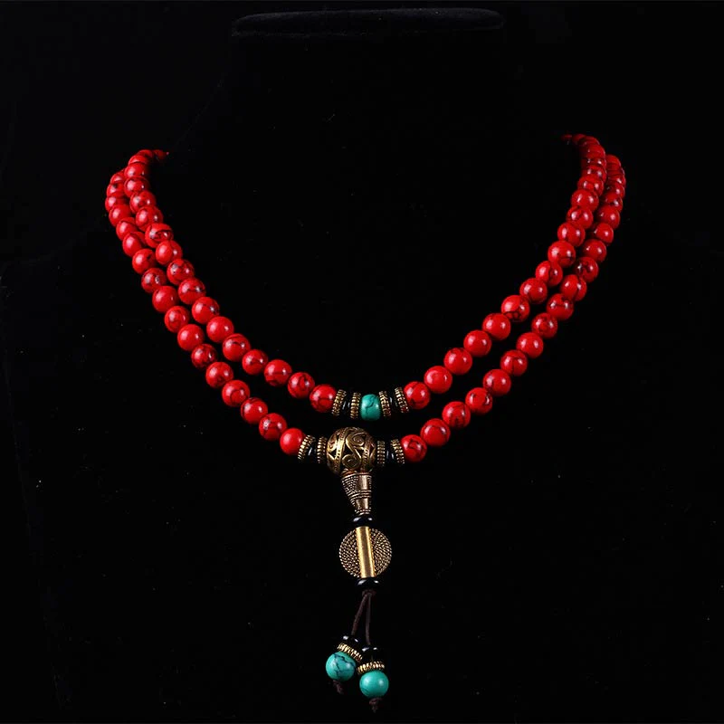 Buddha Stones Tibetan Mala Red Turquoise Lucky Necklace Bracelet