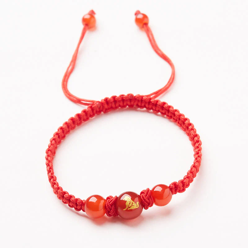 Buddha Stones Natural Red Agate Chinese Zodiac Red String Braided Protection Luck Bracelet