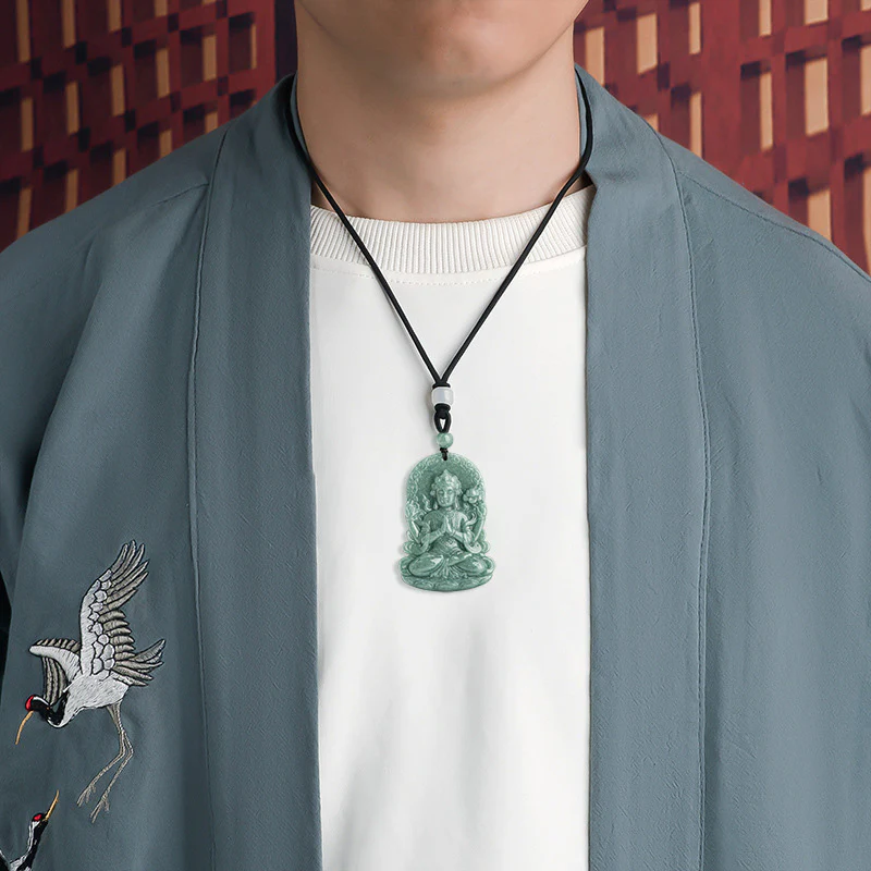 Buddha Stones Four-armed Avalokitesvara Natural Jade Amulet Blessing String Necklace