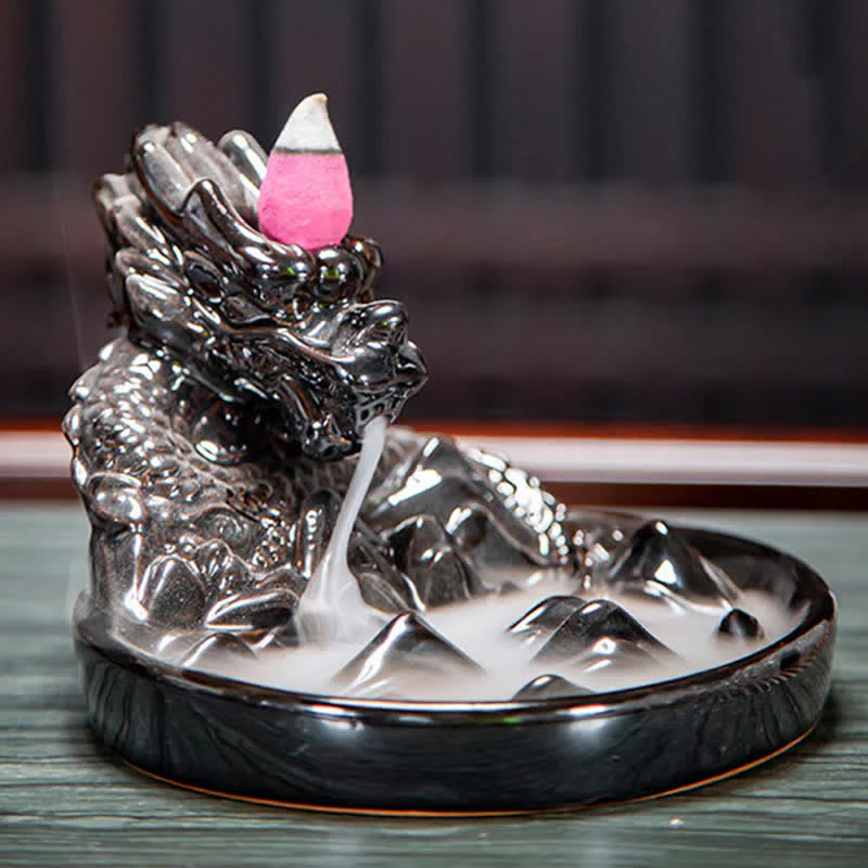 Buddha Stones Dragon Pattern Ceramic Backflow Smoke Fountain Incense Burner Decoration