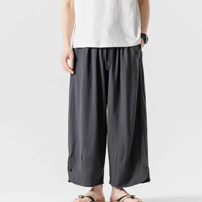 Buddha Stones Casual Loose Frog-Button Plain Men's Cotton Linen 7-8 Length Pants With Pockets