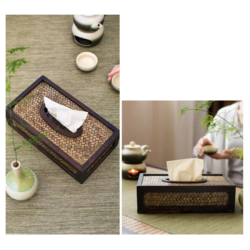 Buddha Stones Handmade Bamboo Woven Wood Tissue Box Wooden Tissue Holder Wipes Boxes Decoration