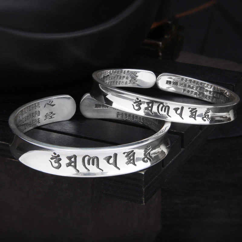 Buddha Stones 999 Sterling Silver Om Mani Padme Hum Heart Sutra Love Peace Bracelet Bangle