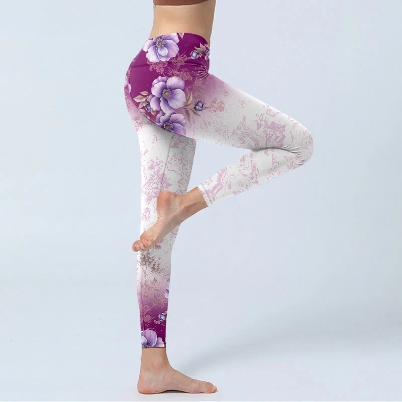 Buddha Stones Purple Floral Print Gym Leggings Women's Yoga Pants