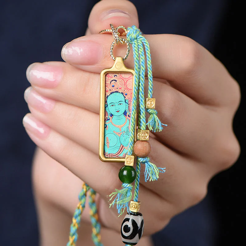 Buddha Stones Tibet God Of Wealth Titanium Steel Thangka Wealth Necklace Pendant