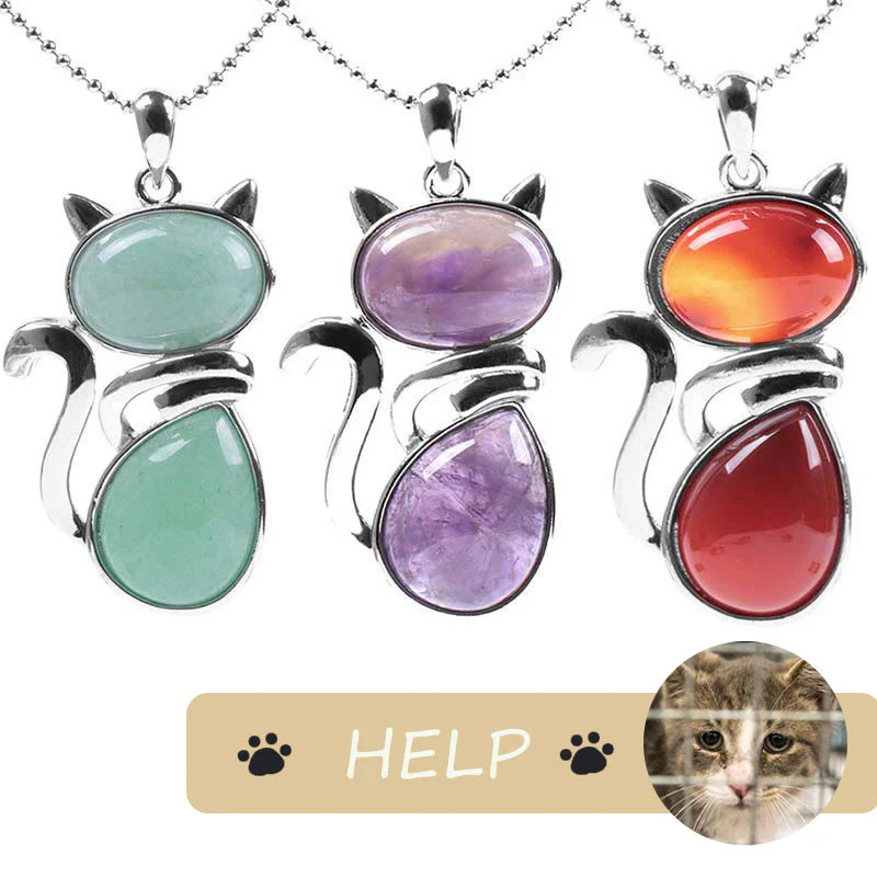 Save A Cat Cute Cat Pattern Natural Crystal Protection Cat-Loving Pendant Necklace