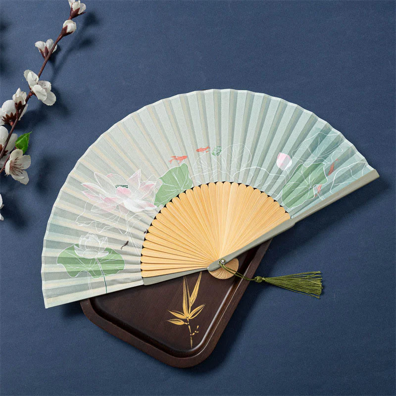Buddha Stones Lotus Begonia Flower Jasmine Handheld Bamboo Folding Fan 21cm