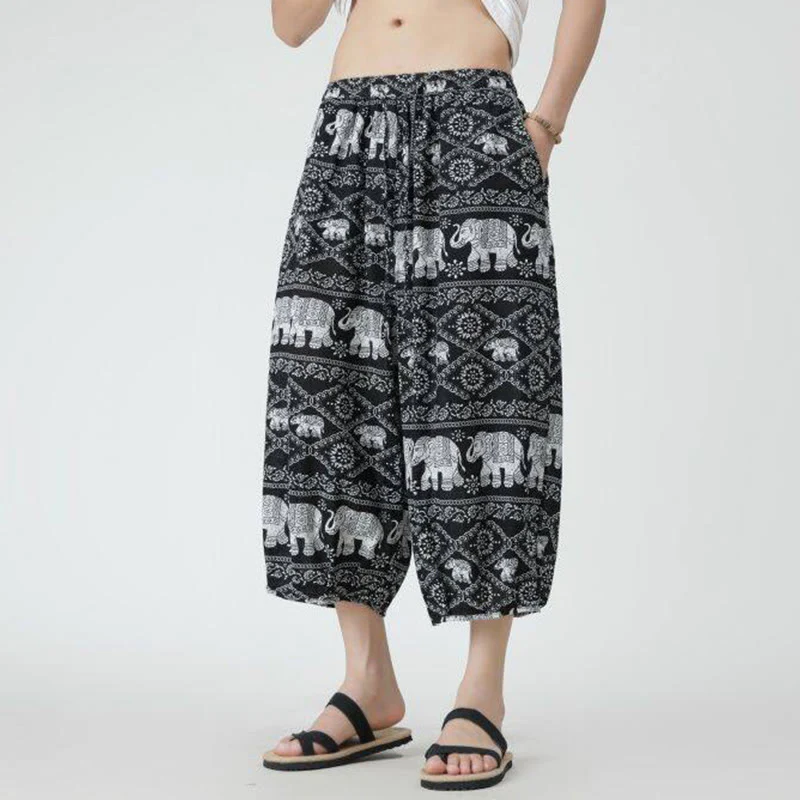 Buddha Stones Summer Square Patchwork Elephant Mandala Geometry Cotton Linen Men's 7-8 Length Pants With Pockets