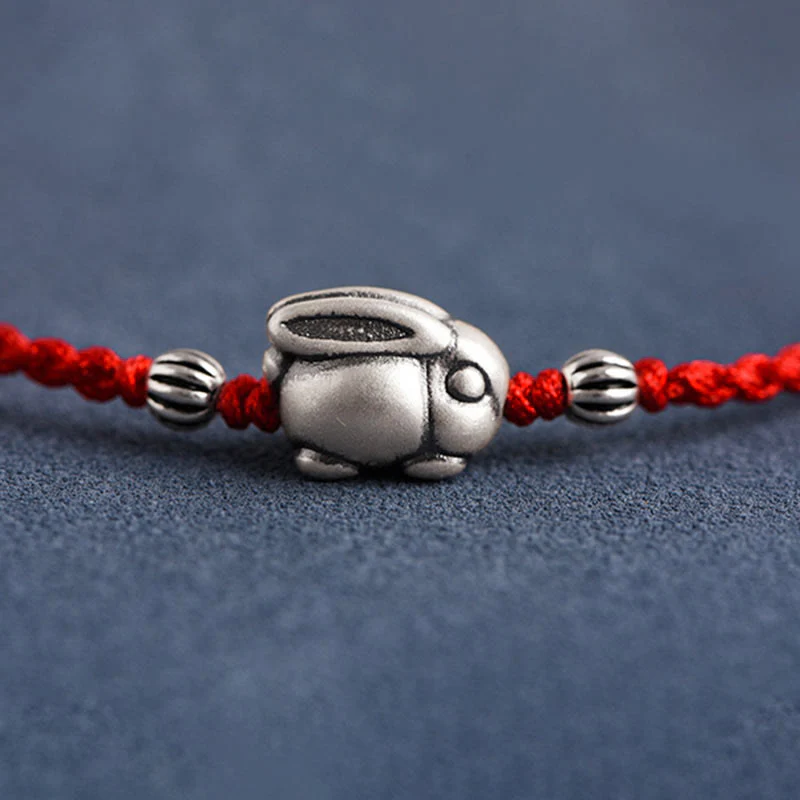 Buddha Stones Handmade 999 Sterling Silver Rabbit Luck Rope Bracelet Anklet