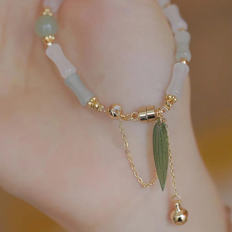 Buddha Stones 14K Gold Plated Hetian White Jade Bamboo Leaf Luck Protection Bracelet