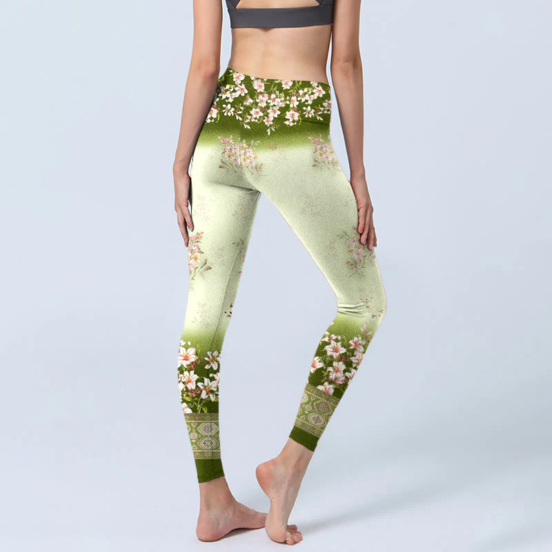 Buddha Stones Pink Flowers Green Leaves Print Gym Leggings Women's Yoga Pants