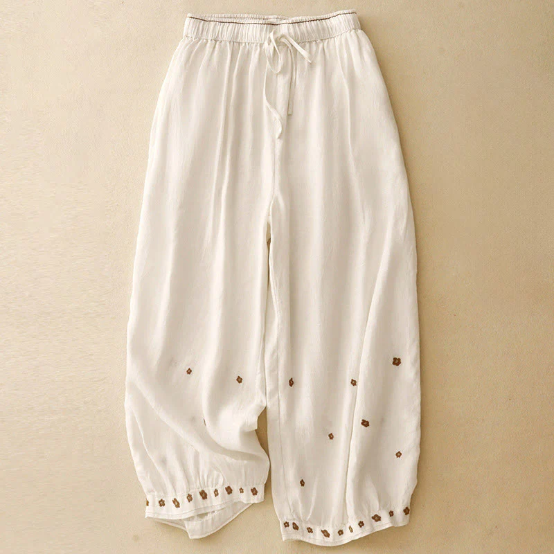 Buddha Stones Casual Embroidered Petals Women's Cotton Linen 7-8 Length Harem Pants With Pockets