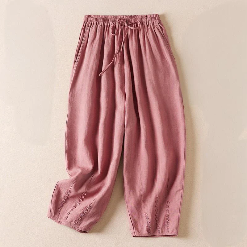Buddha Stones Summer Small Flower Embroidery Cotton Linen Harem Pants With Pockets