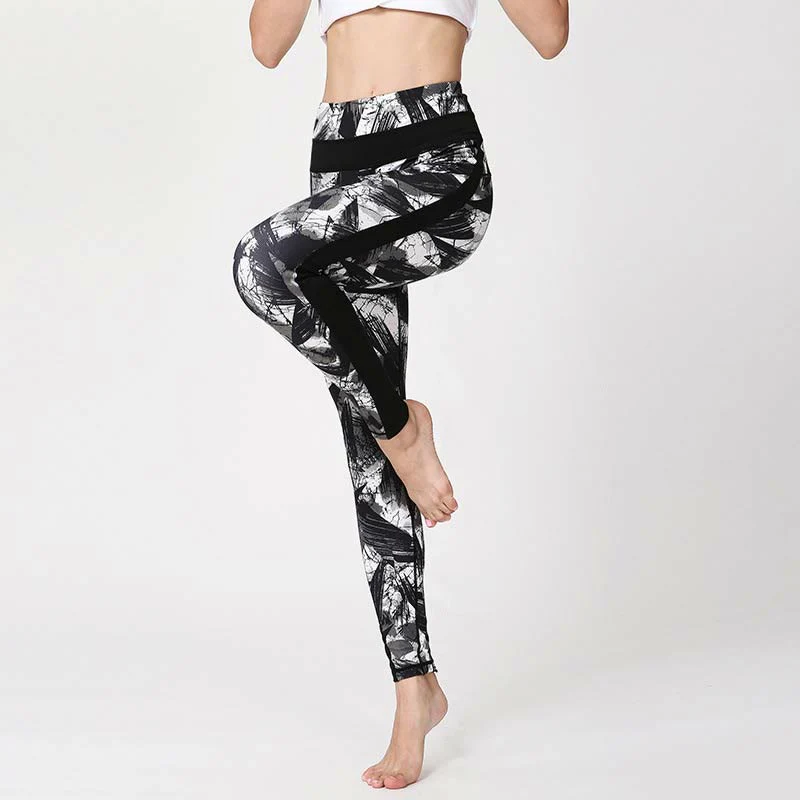 Buddha Stones White Black Ink Brush Lines Print Sports Fitness Mesh Leggings Women's Yoga Pants
