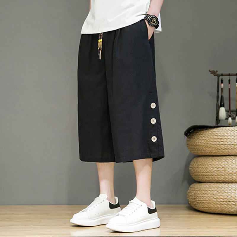 Buddha Stones Casual Plain Side Button Design Drawstring Men's Cotton Cropped Pants With Pockets