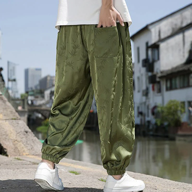 Buddha Stones Summer Ice Silk Jacquard Bamboo Pattern Men's Drawstring Cotton Pants With Pockets