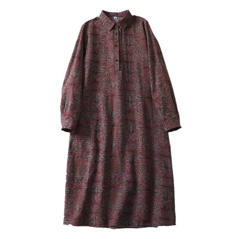 Buddha Stones Brown Retro Printing Floral Pattern Lapel Cotton Linen Midi Dress With Pockets