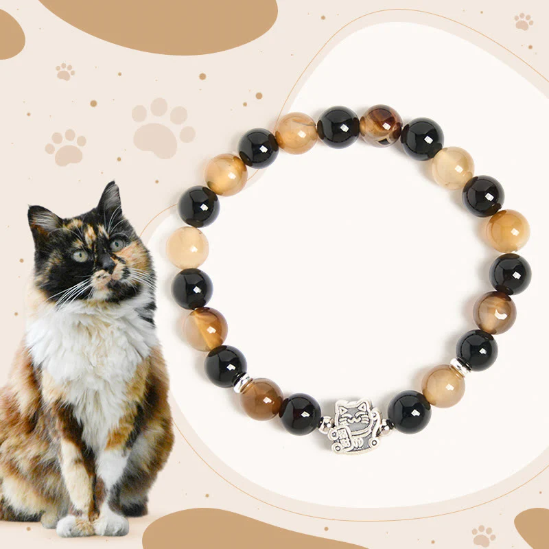 Buddha Stones 925 Sterling Silver Tortoiseshell Cat Light Brown Striped Agate Black Onyx Bracelet