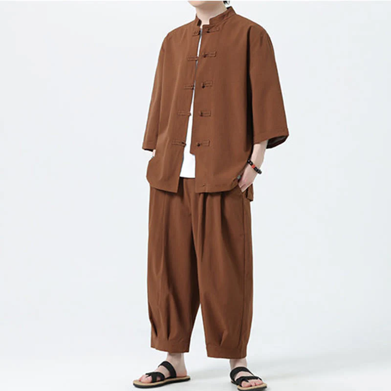 Buddha Stones 2Pcs Solid Frog-Button Three Quarter Sleeve Shirt Pants Men's Set
