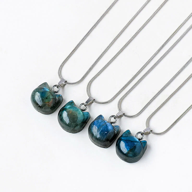 Buddha Stones Natural Cat Pattern Labradorite Healing Necklace Pendant