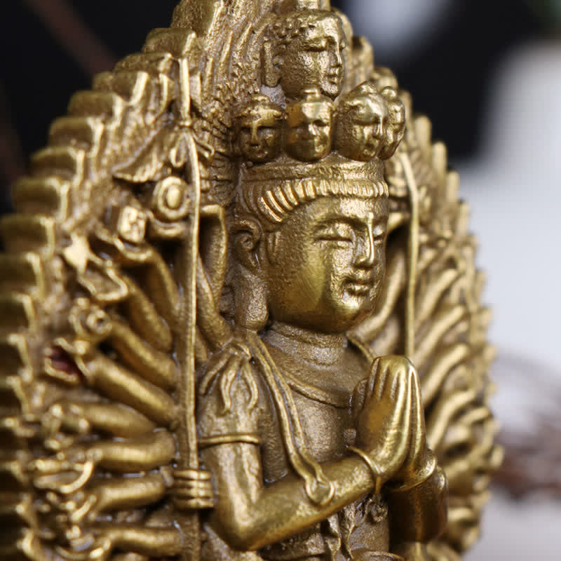 Buddha Stones Chenrezig Thousand-handed Avalokitesvara Figurine Double-sided Kuan Yin Bodhisattva Protection Solid Copper Statue Decoration