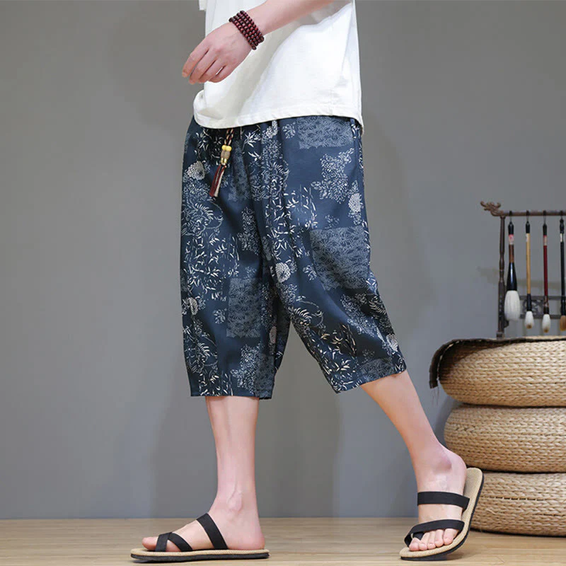 Buddha Stones Summer Bamboo Leaves Flowers Cotton Linen Men's Capri Pants With Pockets