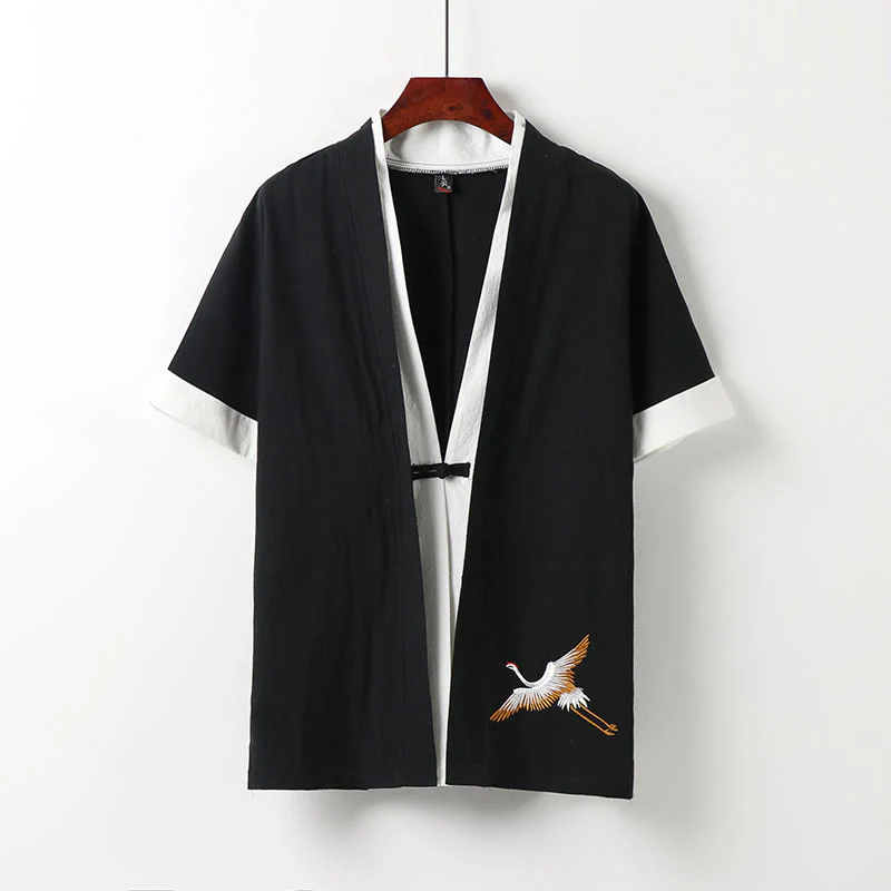 Buddha Stones Fake Two-piece Men's Half Sleeve Cardigan Embroidery Hanfu Comfort Cotton Shirt