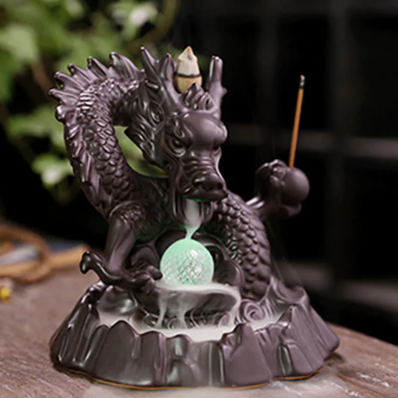 Buddha Stones Auspicious Dragon Ceramic Backflow Smoke Fountain Meditation Healing Incense Burner Led Ball Decoration