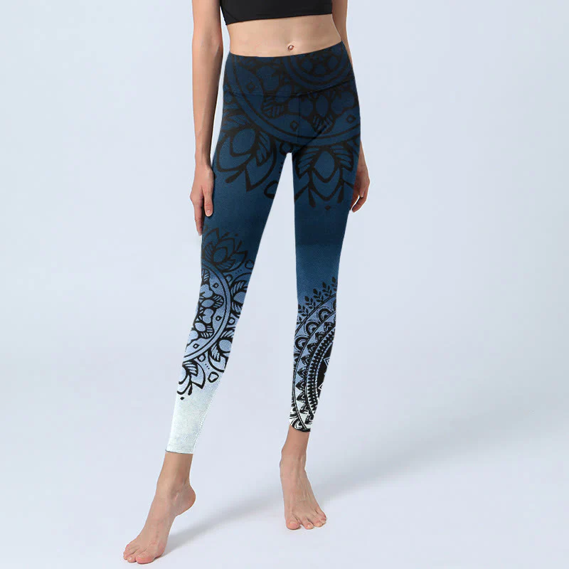 Buddha Stones Circular Mandala Flower Print Gym Leggings Women's Yoga Pants