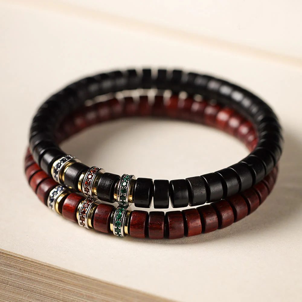 Buddha Stones Ebony Wood Small Leaf Red Sandalwood Zircon Peace Bracelet